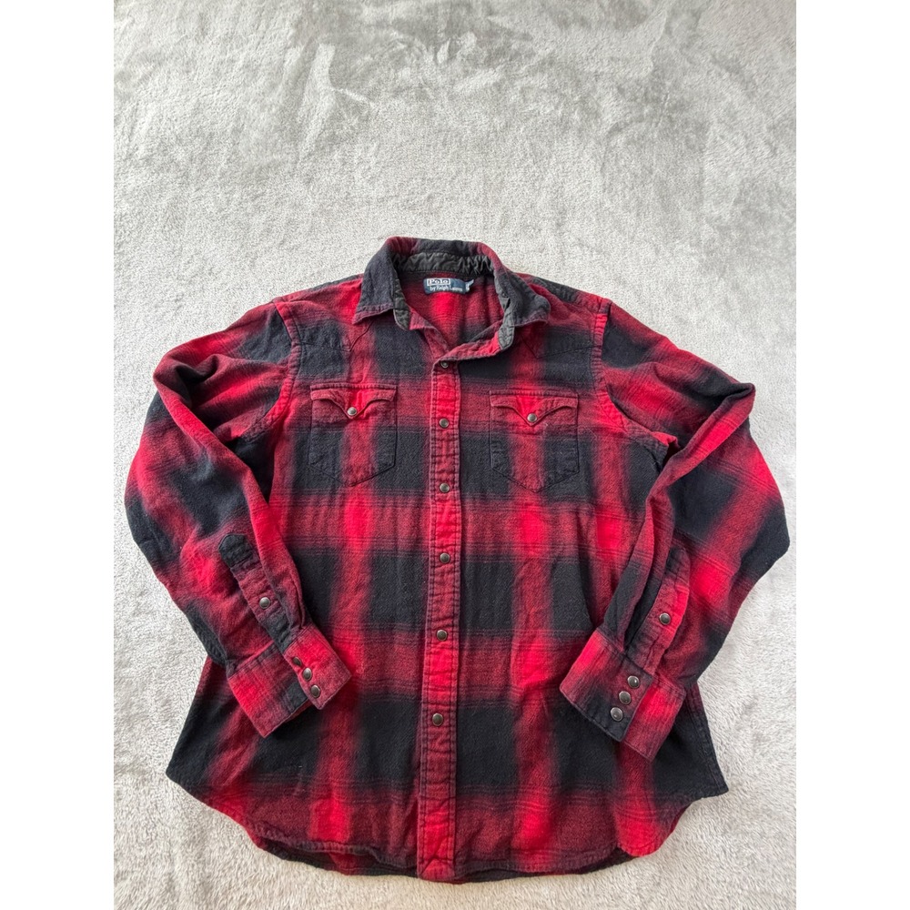 Polo Ralph Lauren Flannel Shirt Mens Large Red Black Buffalo Plaid Western Snap
